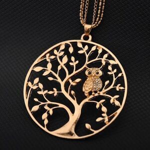 Tree Of Life Diamond Owl Pendant Triple Chain Necklace